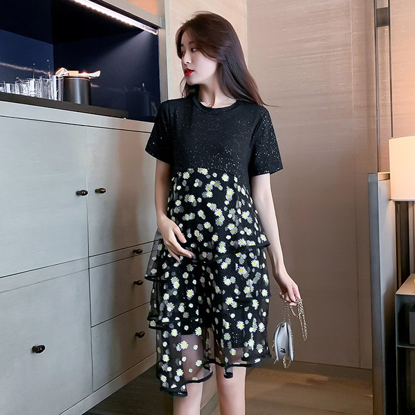 Új modell ruha terhes nőknek, rövid ujjú, tüll és virágmintás