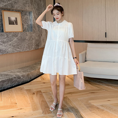 Λευκό χρώμα φόρεμα για έγκυες γυναίκες με κοντά μανίκια και κλασικό γιακά