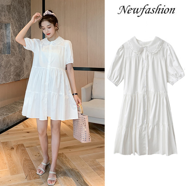 Λευκό χρώμα φόρεμα για έγκυες γυναίκες με κοντά μανίκια και κλασικό γιακά