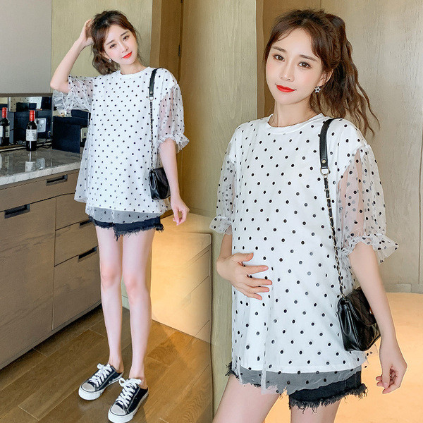 Λευκό χρώμα  μπλούζα για έγκυες γυναίκες με οβάλ ντεκολτέ και 3/4 μανίκια