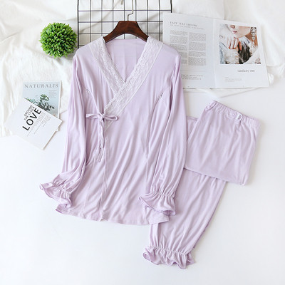 Φθινοπωρινές πιτζάμες για έγκυες γυναίκες με λαιμόκοψη και δαντέλα