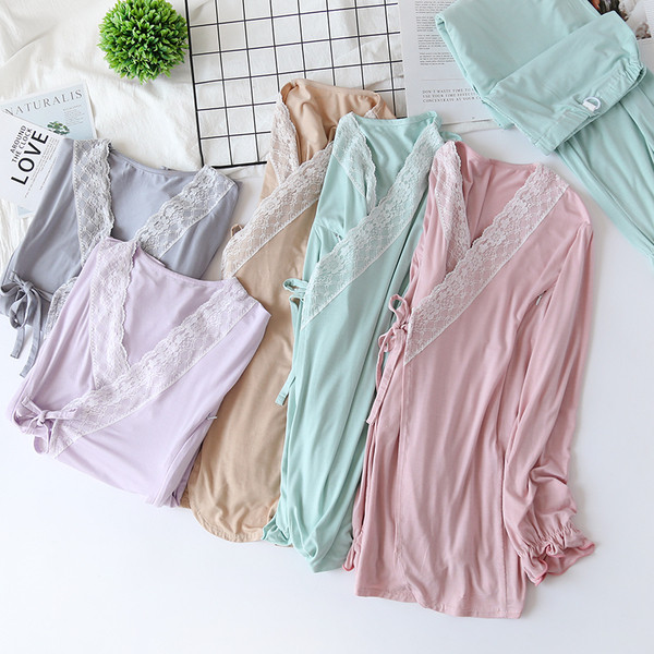 Φθινοπωρινές πιτζάμες για έγκυες γυναίκες με λαιμόκοψη και δαντέλα