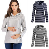 Csíkos pulóver terhes nőknek hosszú ujjal és kapucnival