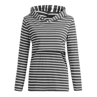 Csíkos pulóver terhes nőknek hosszú ujjal és kapucnival