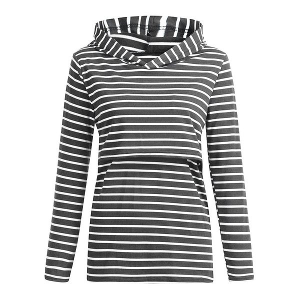 Csíkos pulóver terhes nőknek hosszú ujjal és kapucnival