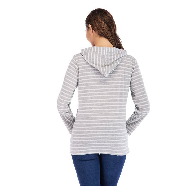 Csíkos pulóver terhes nőknek hosszú ujjal és kapucnival