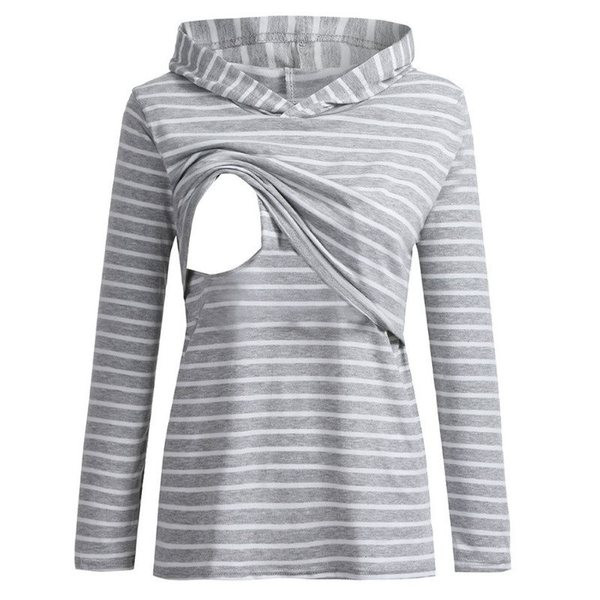 Csíkos pulóver terhes nőknek hosszú ujjal és kapucnival