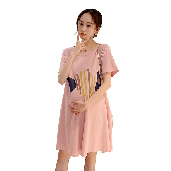 Casual φόρεμα για έγκυες γυναίκες με κοντά μανίκια και πολύχρωμο απλικέ