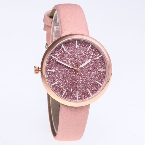 Modern női karóra bőr szíjjal és fényes részecskékkel