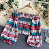 Női kockás blúz elasztikus és csupasz vállakkal