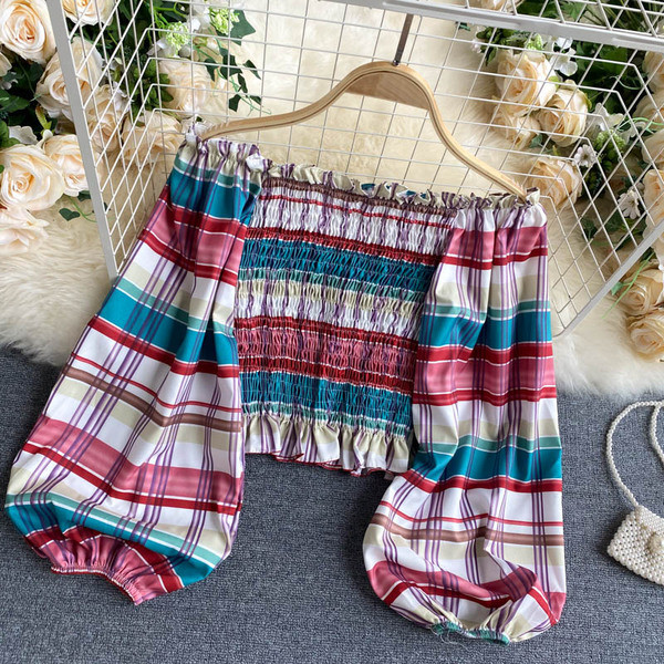 Női kockás blúz elasztikus és csupasz vállakkal