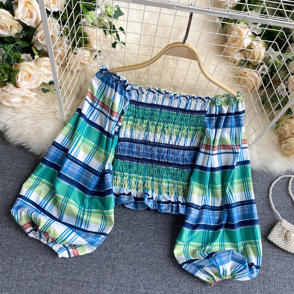 Női kockás blúz elasztikus és csupasz vállakkal