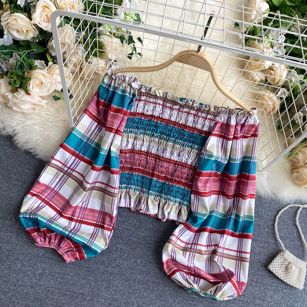 Női kockás blúz elasztikus és csupasz vállakkal