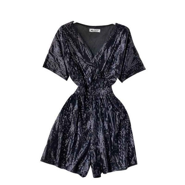 Modern női overál spitz nyakkivágással és rövid ujjal