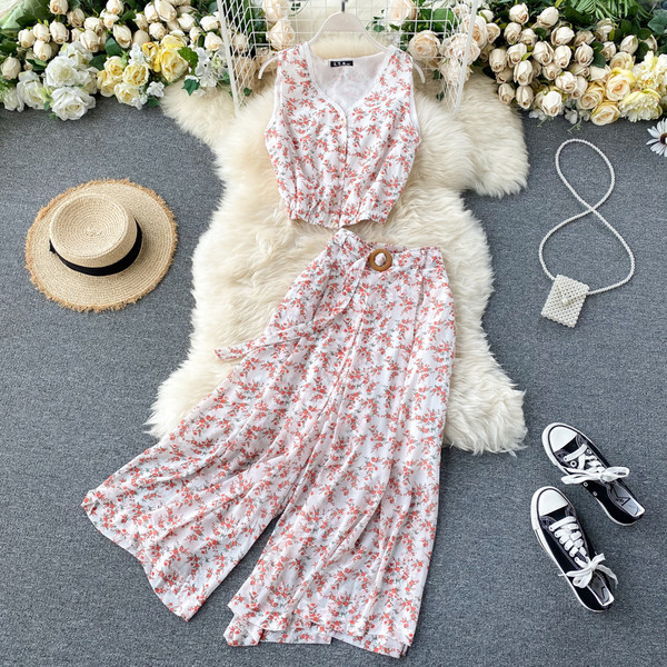 Ženski dvodijelni kompleti s remenom i cvjetnim uzorkom
