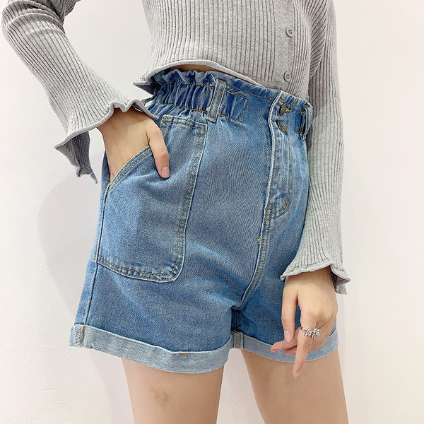 Kék farmer rövidnadrág magas elasztikus derékkal