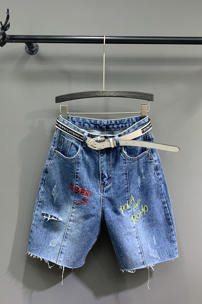 Új modell alkalmi 3/4-es női nadrág övvel és hímzéssel