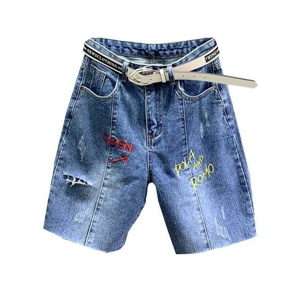 Új modell alkalmi 3/4-es női nadrág övvel és hímzéssel