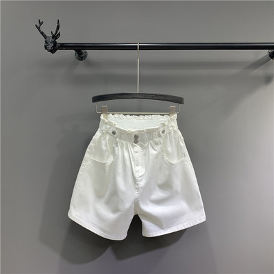 Дамски къси дънкови панталони с висока талия в бял цвят