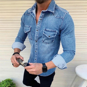 ΝΕΟ μοντέλο ανδρικό τζιν πουκάμισο με κλασικό κολάρο και κουμπιά