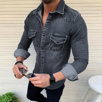 ΝΕΟ μοντέλο ανδρικό τζιν πουκάμισο με κλασικό κολάρο και κουμπιά