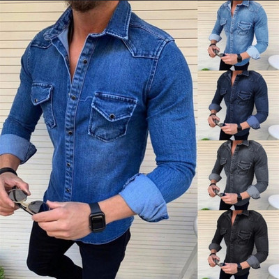НОВ модел мъжка дънкова риза с класическа яка и копчета 