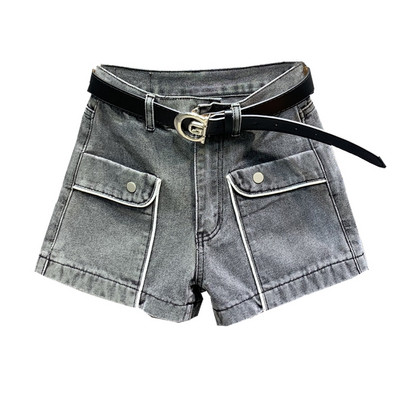 Alkalmi női nadrág övvel és zsebekkel - szürke