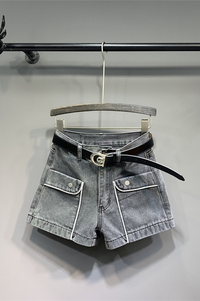 Alkalmi női nadrág övvel és zsebekkel - szürke