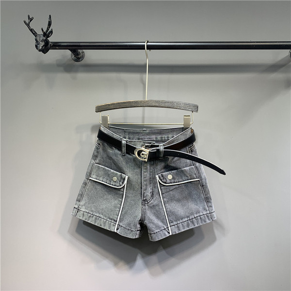 Alkalmi női nadrág övvel és zsebekkel - szürke