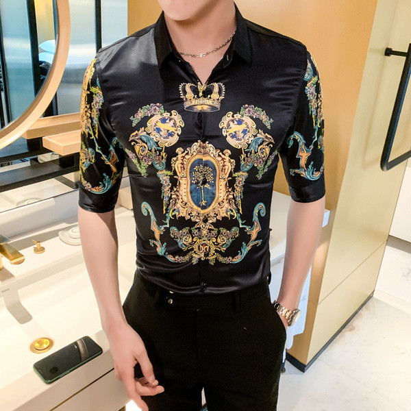 Elegáns férfi ing klasszikus gallérral, 3/4-es ujjal és rátéttel