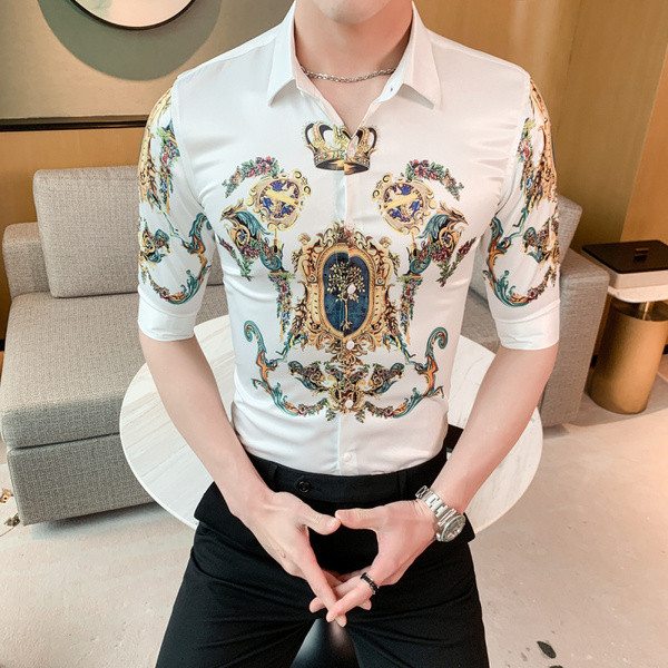 Elegáns férfi ing klasszikus gallérral, 3/4-es ujjal és rátéttel