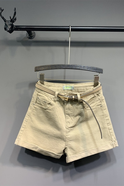 Új modell rövid női farmer övvel és magas derékkal