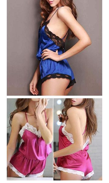 Szatén overall pizsama nyakkendővel és csipkével