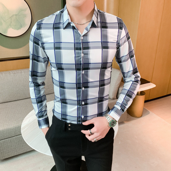 Modern férfi kockás ing klasszikus gallérral és hosszú ujjal