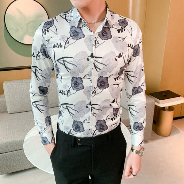 Modern férfi ing virágmintával és klasszikus gallérral
