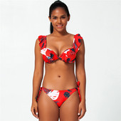 Kétrészes női fürdőruha mély nyakkivágással és megkötővel