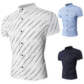 Modern férfi csíkos ing klasszikus gallérral és rövid ujjal