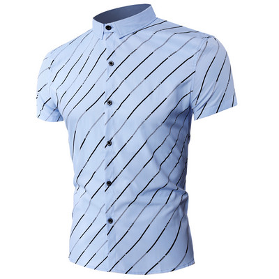 Modern férfi csíkos ing klasszikus gallérral és rövid ujjal