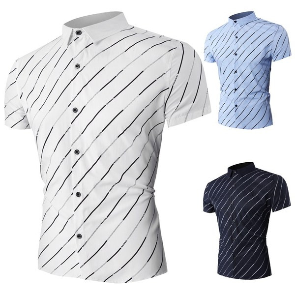 Modern férfi csíkos ing klasszikus gallérral és rövid ujjal