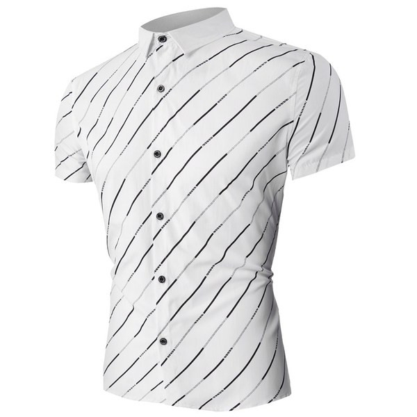 Modern férfi csíkos ing klasszikus gallérral és rövid ujjal