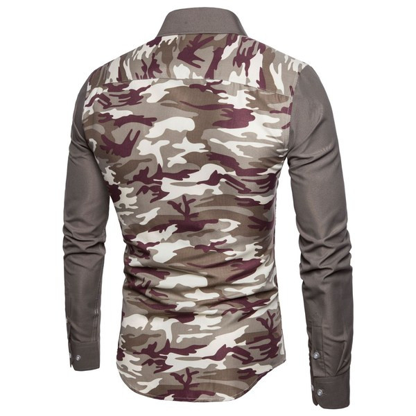 Modern férfi ing klasszikus gallérral, hosszú ujjal és terepszínűvel