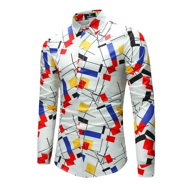 Modern férfi ing színes mintával, hosszú ujjú fehér színben