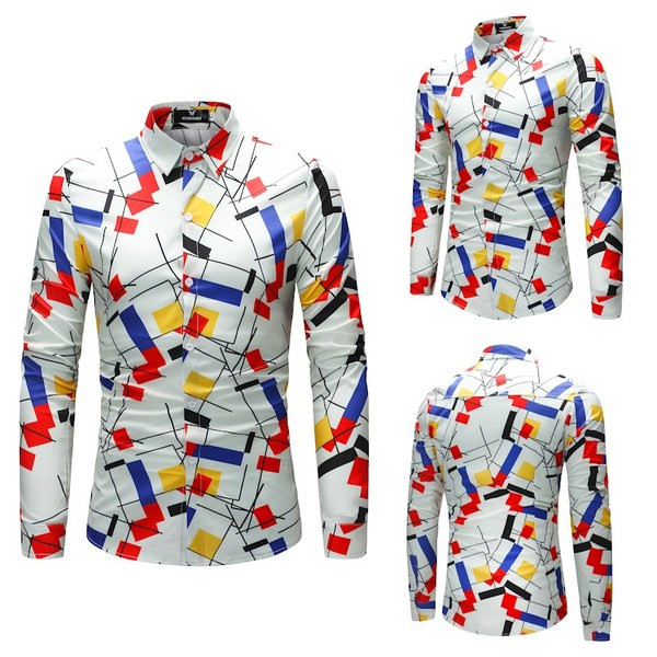 Modern férfi ing színes mintával, hosszú ujjú fehér színben