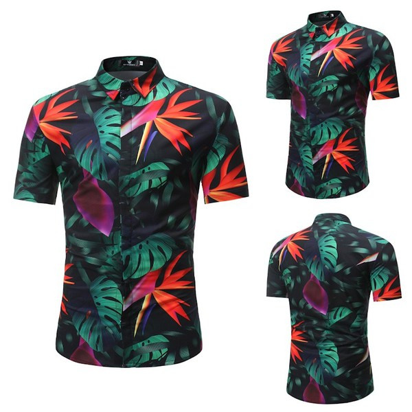 Nyári férfi ing klasszikus gallérral, rövid ujjal és virágmintával