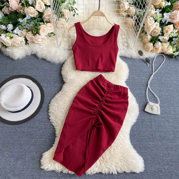 Moodne kõrge vöökoha ja lühikese ülaosaga naiste seelikukomplekt