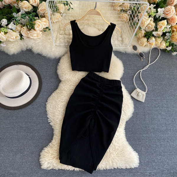 Moodne kõrge vöökoha ja lühikese ülaosaga naiste seelikukomplekt