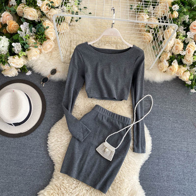 Μοντέρνα γυναικεία σετ φούστα και κοντή μπλούζα με μακριά μανίκια - δύο μοντέλα