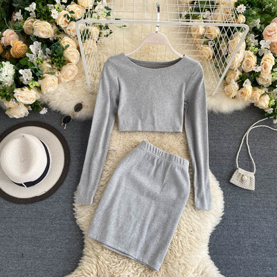 Μοντέρνα γυναικεία σετ φούστα και κοντή μπλούζα με μακριά μανίκια - δύο μοντέλα