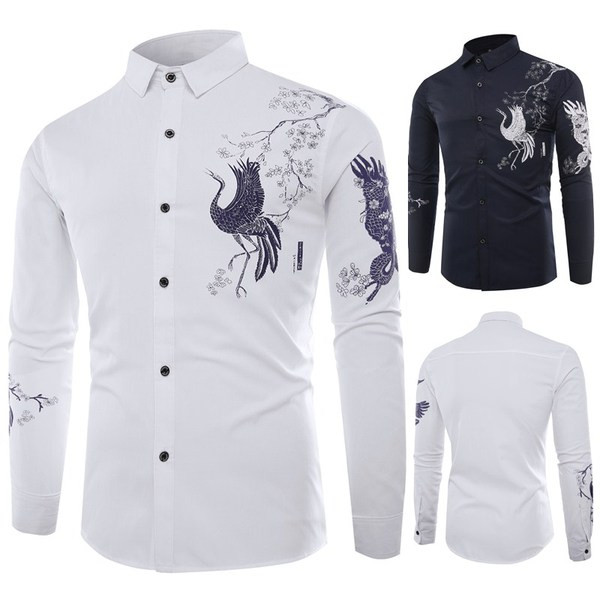 Modern férfi ing klasszikus gallérral és madár rátéttel