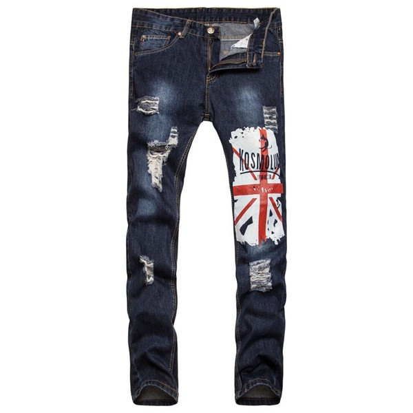 Modern férfi hosszú farmernadrág rátéttel, szakadt motívummal